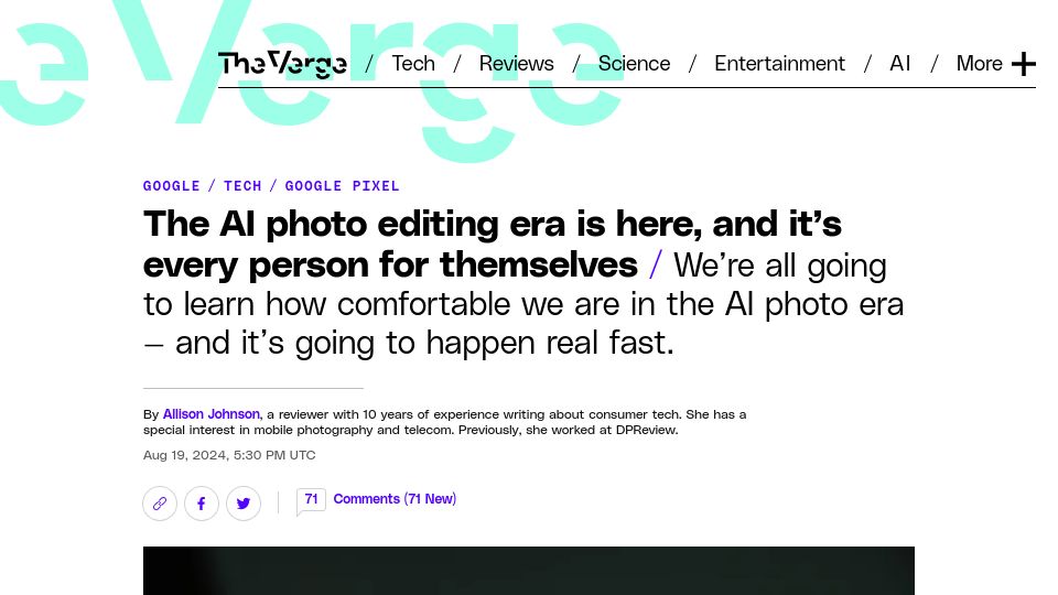 Screenshot of theverge.com: The AI photo editing era is here, and it's every person for themselves