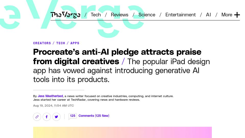 Screenshot of theverge.com: Procreate's anti-AI pledge attracts praise from digital creatives
