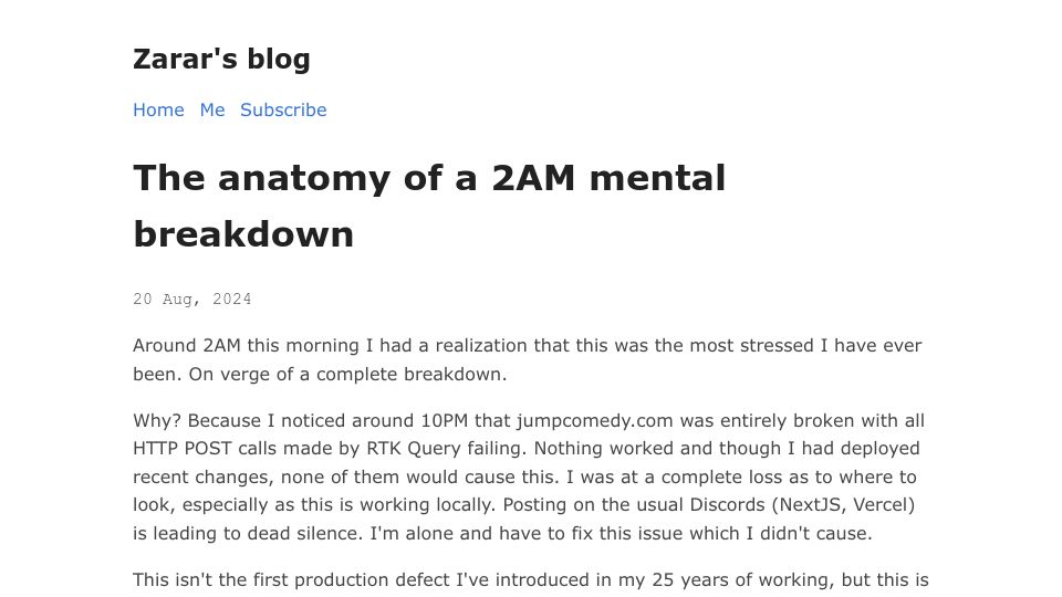 Screenshot of zarar.dev: The anatomy of a 2AM mental breakdown