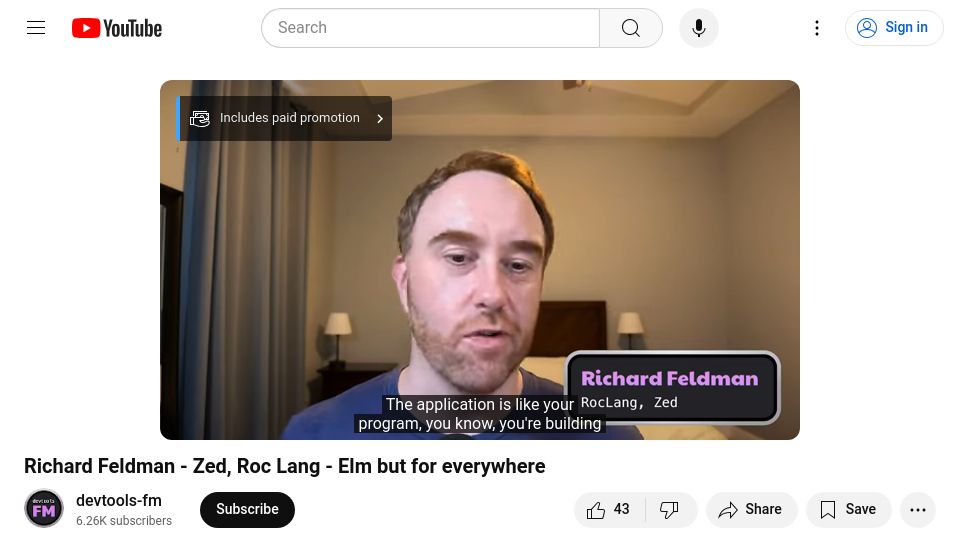 Screenshot of youtube.com: Roc Lang – Elm but for everywhere [video]