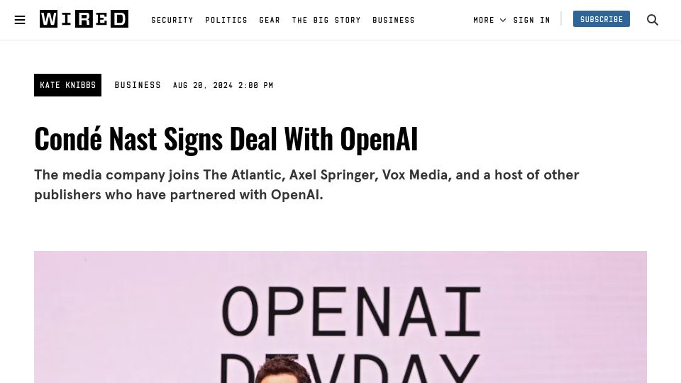 Screenshot of wired.com: Condé Nast Signs Deal with OpenAI
