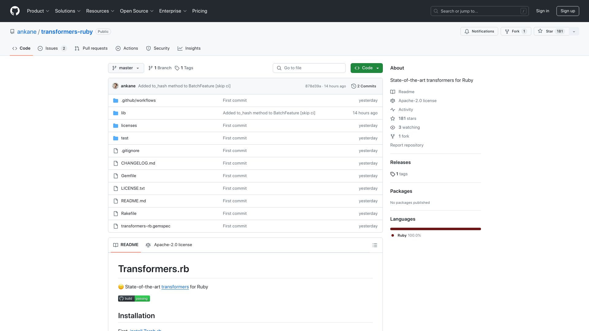 Screenshot of github.com: Transformers for Ruby