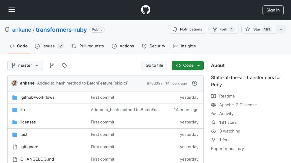 Screenshot of github.com: Transformers for Ruby