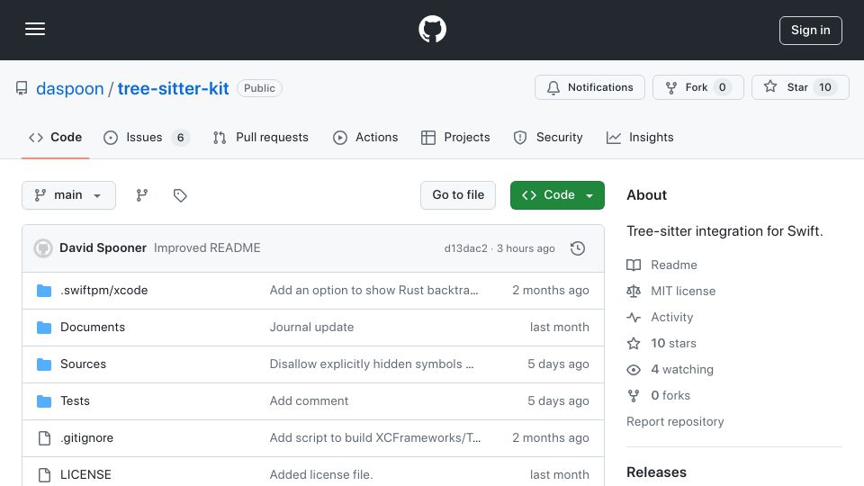 Screenshot of github.com: Show HN: Tree-sitter Integration for Swift