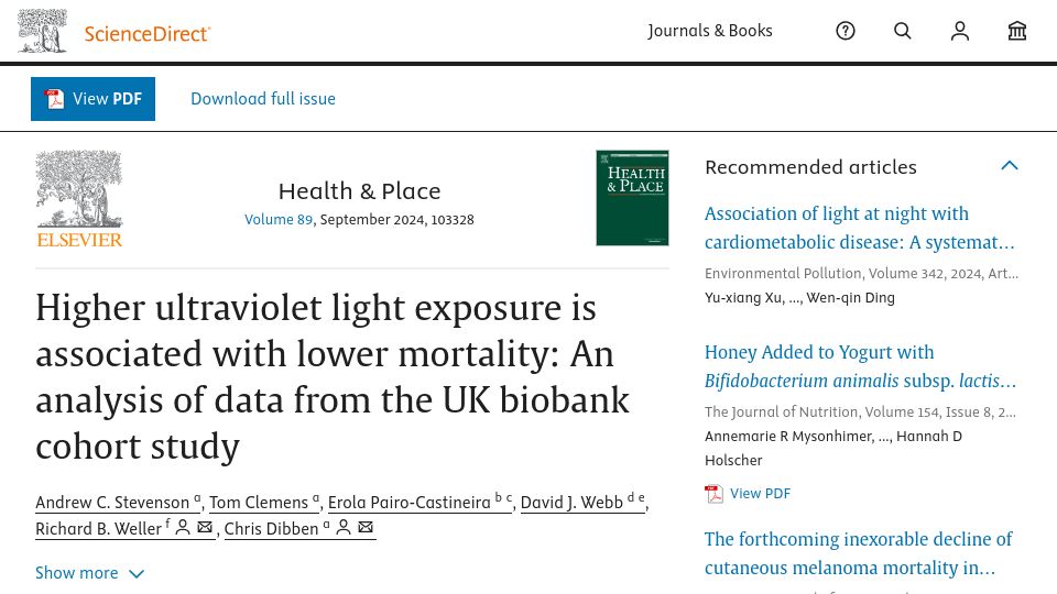 Screenshot of sciencedirect.com: Higher ultraviolet light exposure is associated with lower mortality
