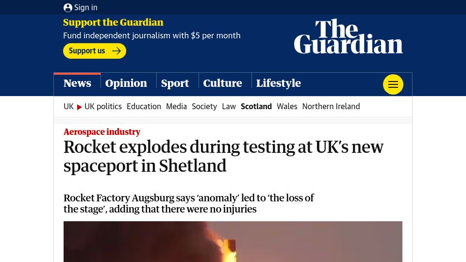 Screenshot of theguardian.com: Rocket explodes during testing at UK's new spaceport in Shetland