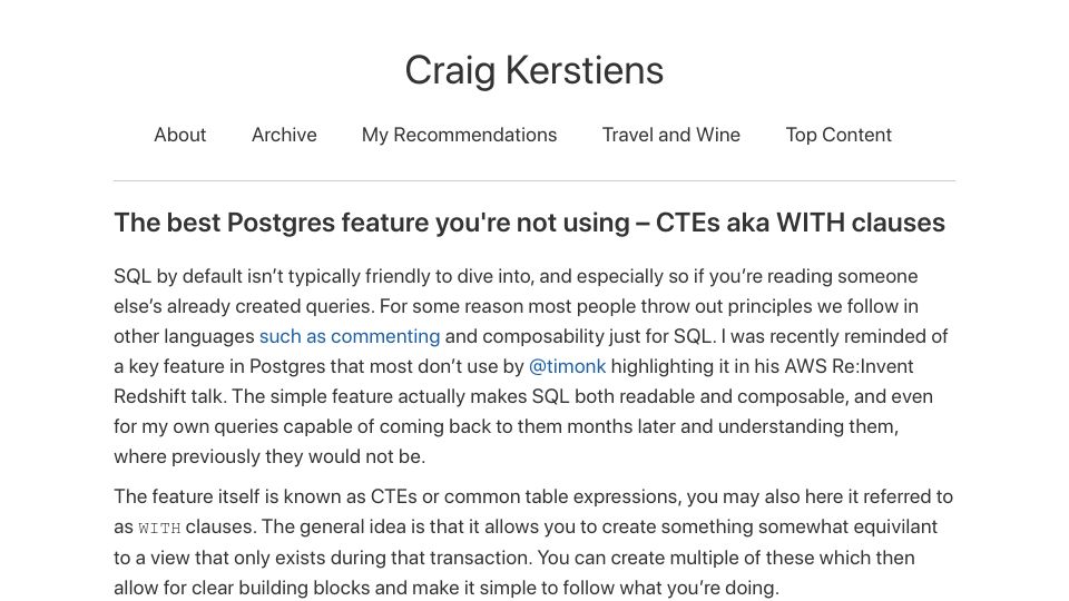 Screenshot of craigkerstiens.com: Postgres feature you're not using – CTEs a.k.a. WITH clauses