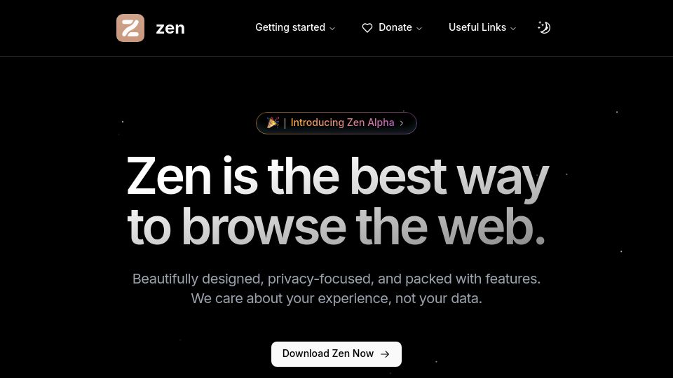 Screenshot of zen-browser.app: Zen, a Arc-like open-source browser based on the Firefox engine