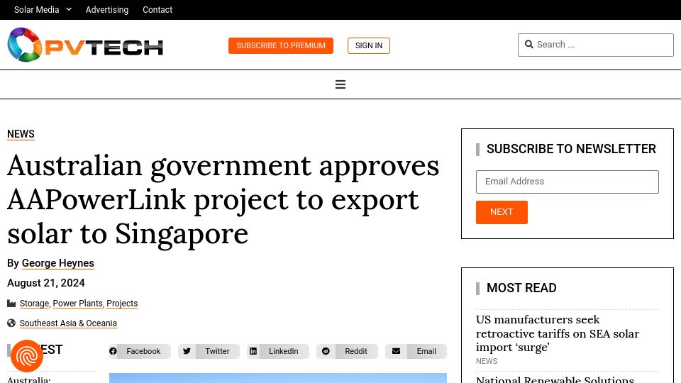 Screenshot of pv-tech.org: Australian government approves AAPowerLink project to export solar to Singapore
