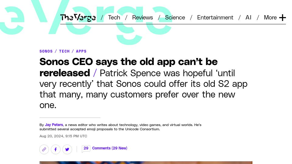 Screenshot of theverge.com: Sonos CEO says the old app can't be rereleased