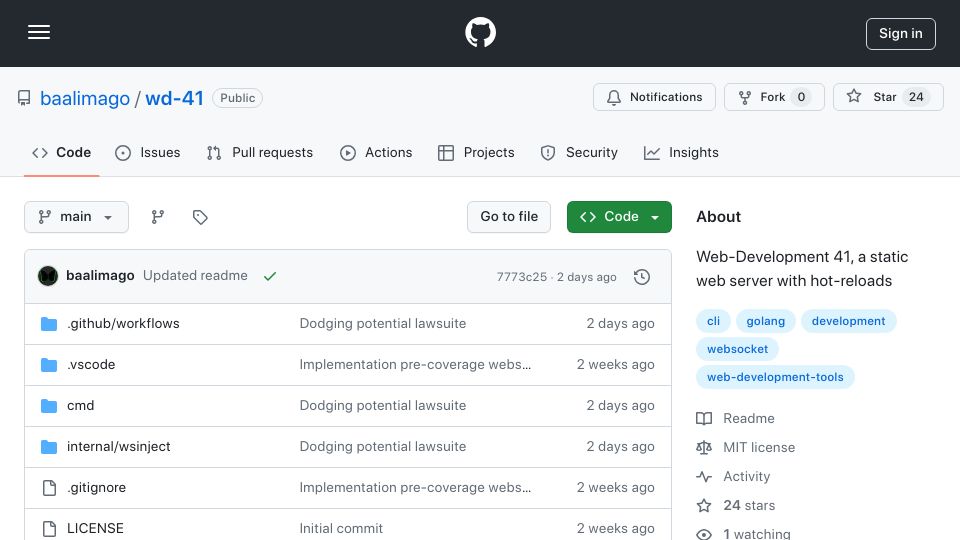 Screenshot of github.com: Show HN: Wd-40, a static webserver with automatic hot-reloads