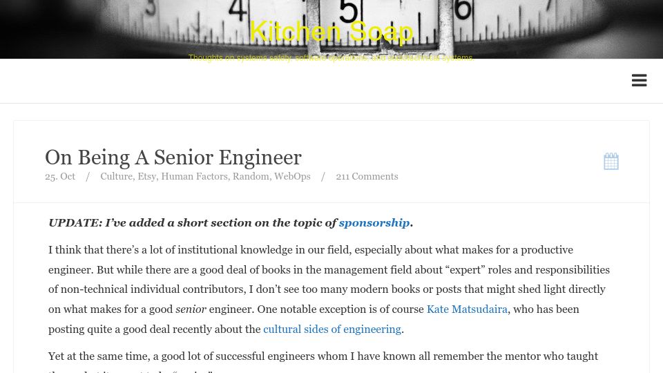 Screenshot of kitchensoap.com: On Being a Senior Engineer (2012)