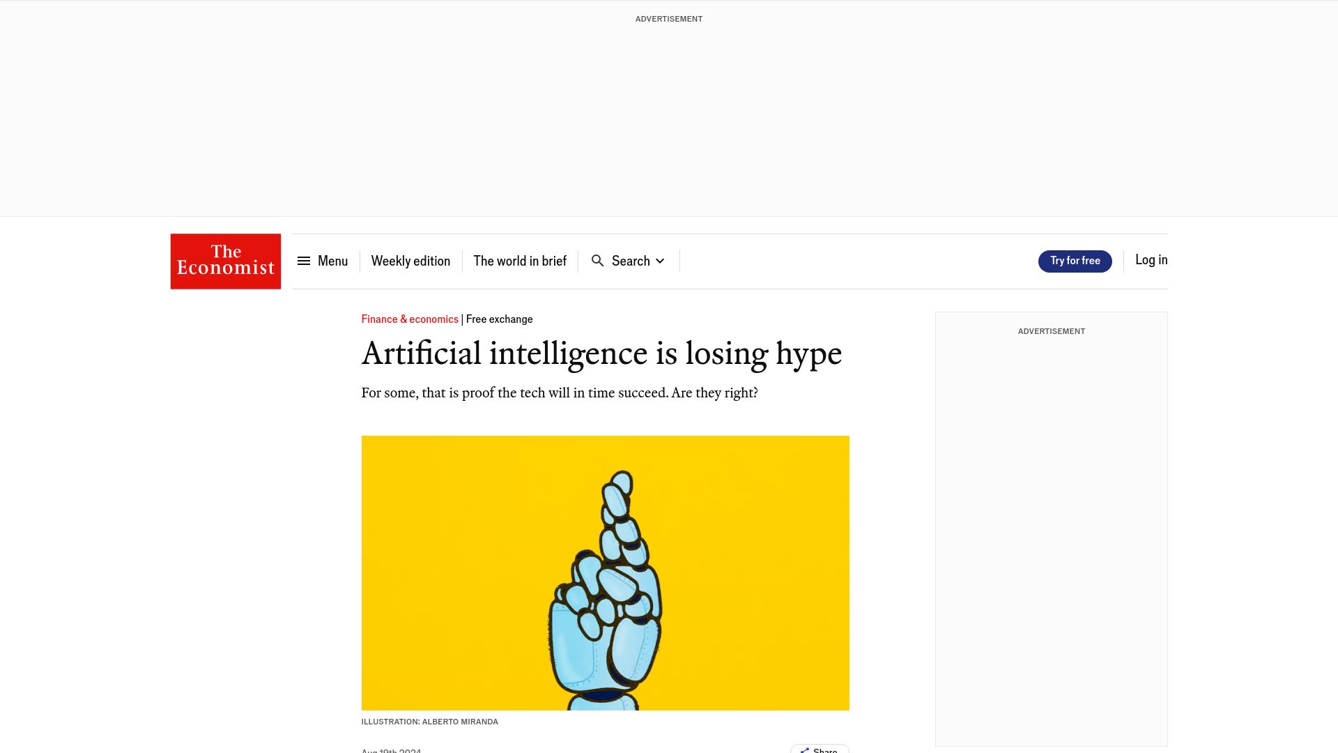Screenshot of economist.com: Artificial intelligence is losing hype