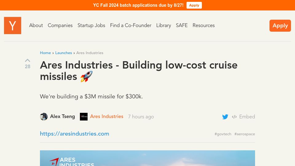 Screenshot of ycombinator.com: Ares Industries – Building low-cost cruise missiles