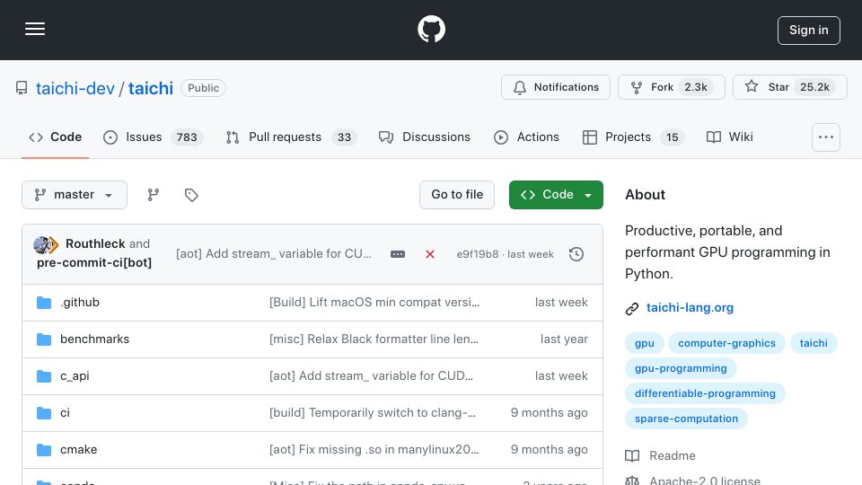 Screenshot of github.com: Taichi: Productive, portable, and performant GPU programming in Python