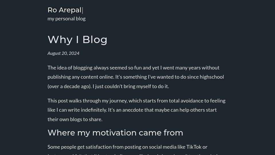 Screenshot of roarepally.com: How I started blogging (2024)