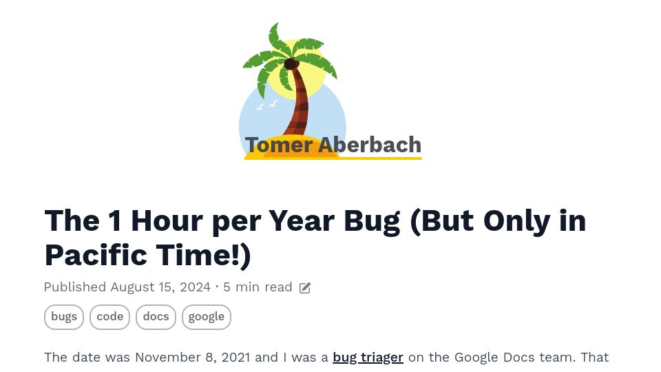 Screenshot of tomeraberba.ch: The 1 Hour per Year Bug, but only in Pacific time