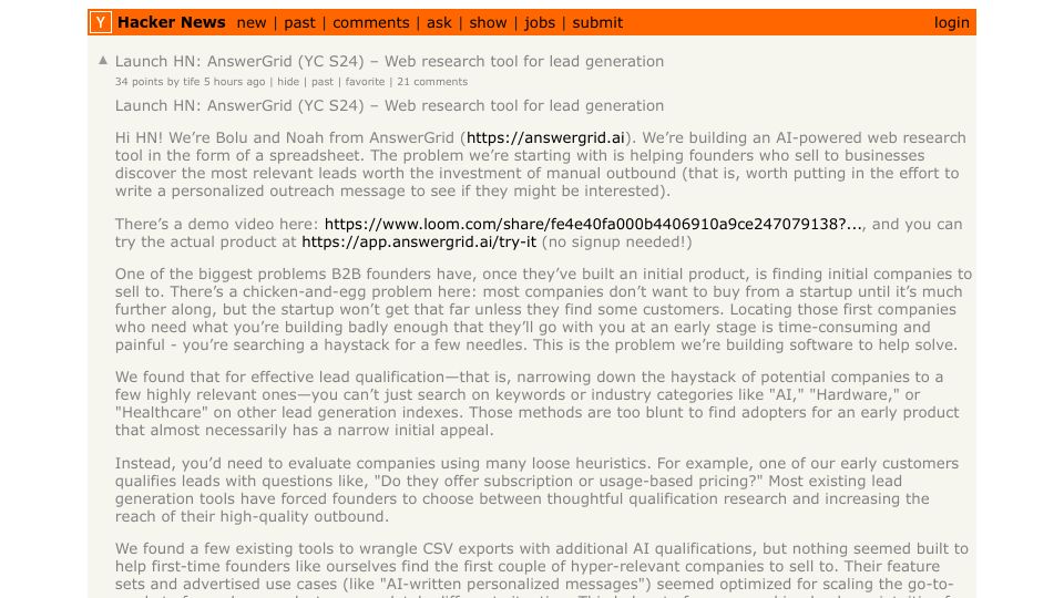 Screenshot of Hacker News post: Launch HN: AnswerGrid (YC S24) – Web research tool for lead generation