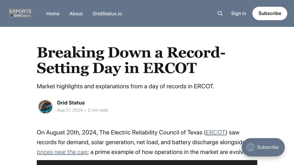 Screenshot of blog.gridstatus.io: Breaking down a record-setting day on the Texas grid