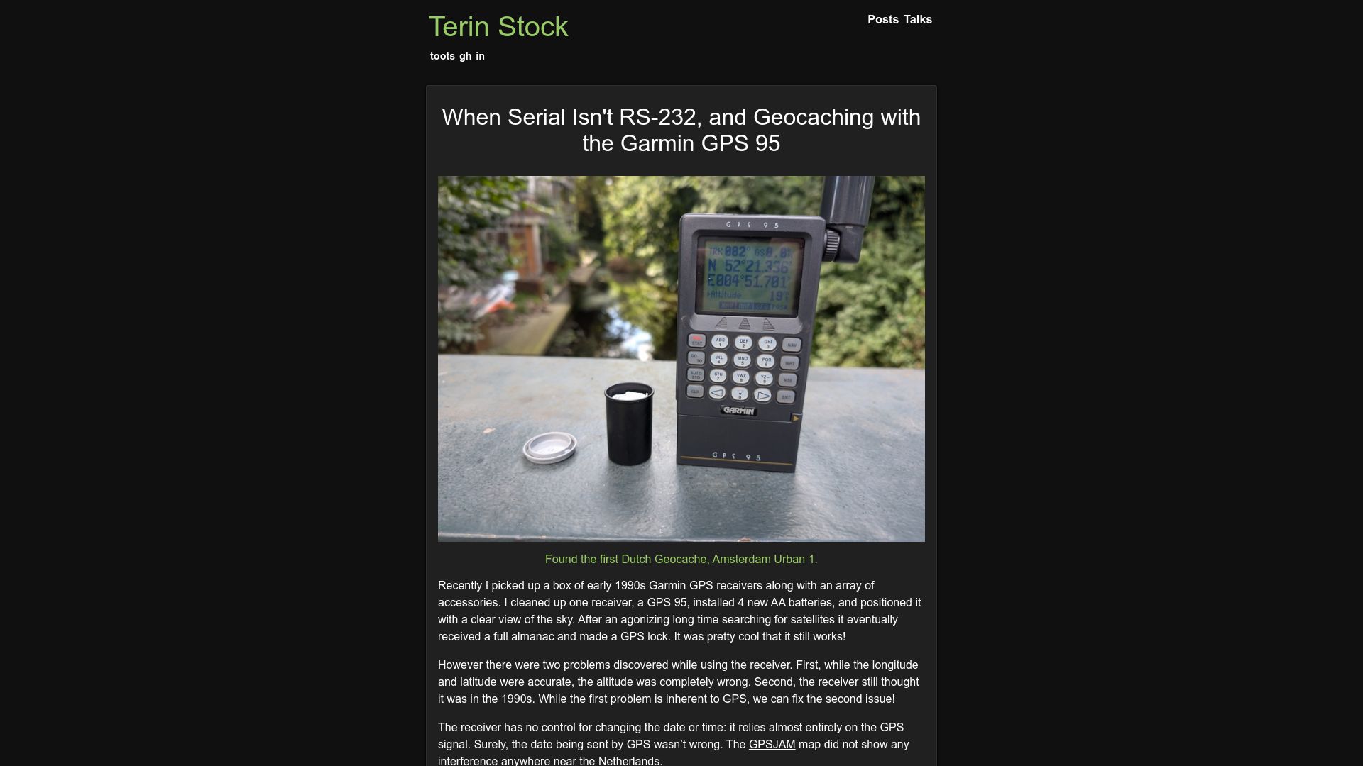 Screenshot of terinstock.com: When Serial Isn't RS-232, Geocaching with the Garmin GPS 95