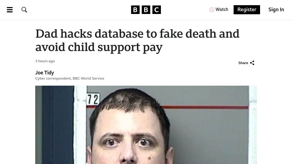 Screenshot of bbc.com: Dad hacks database to fake death and avoid child support pay