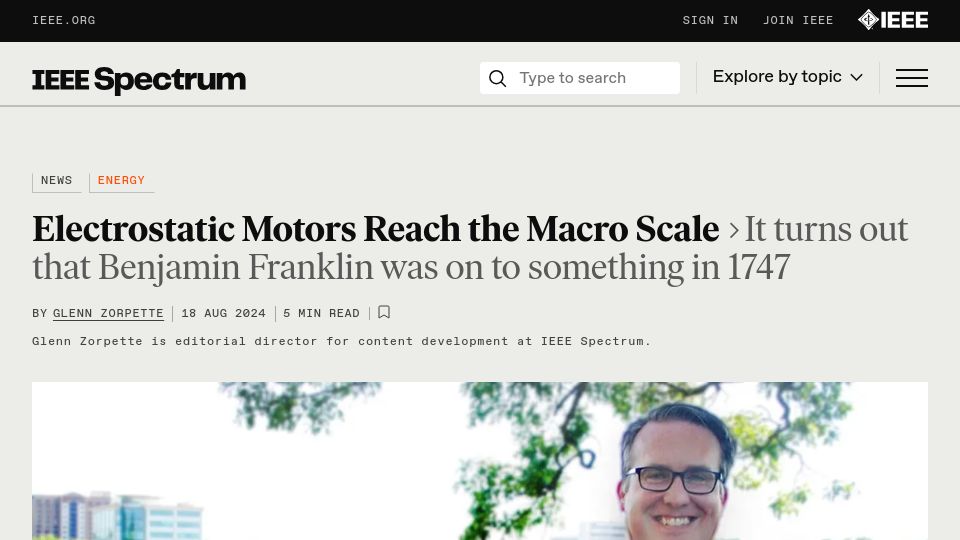Screenshot of spectrum.ieee.org: Electrostatic motors reach the macro scale