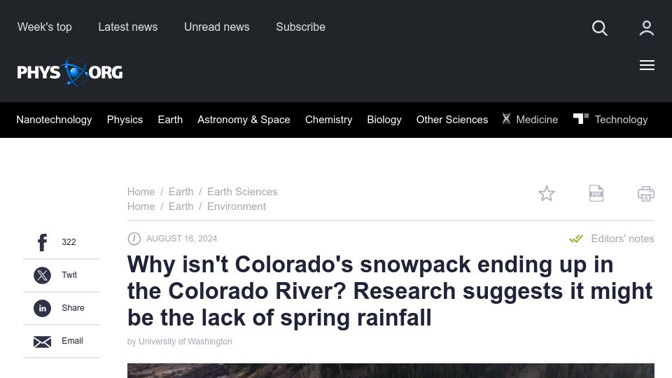 Screenshot of phys.org: Why isn't Colorado's snowpack ending up in the Colorado River?