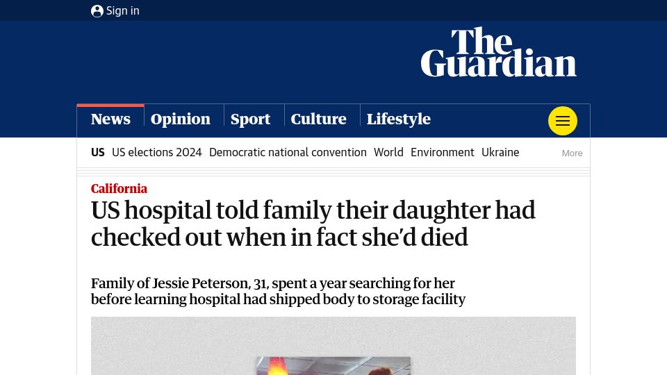 Screenshot of theguardian.com: US hospital told family their daughter had checked out when in fact she'd died