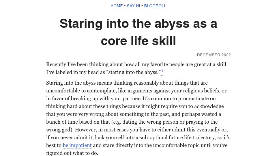 Screenshot of benkuhn.net: Staring into the abyss as a core life skill (2022)