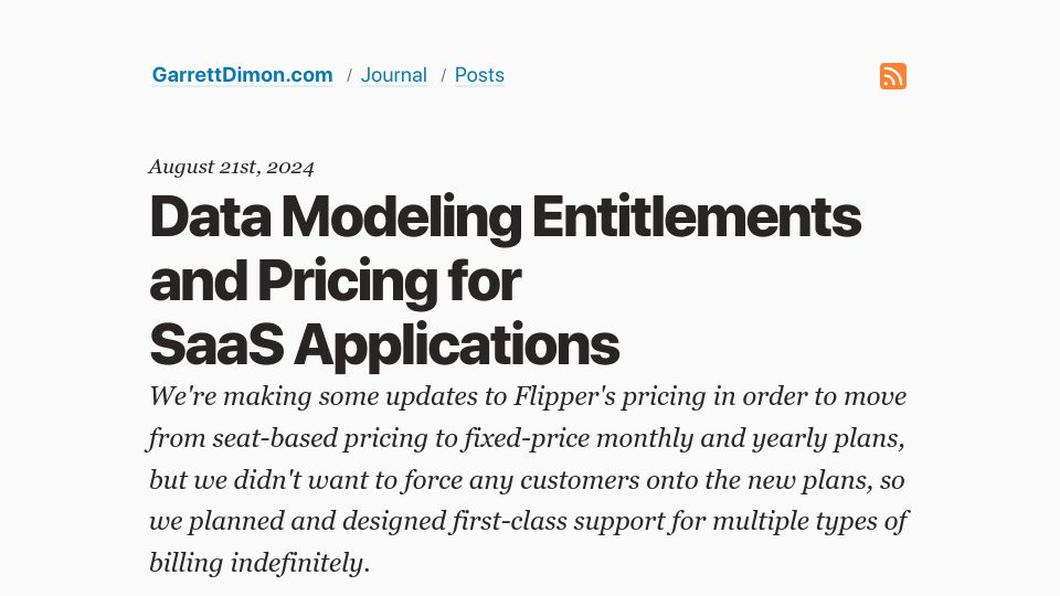 Screenshot of garrettdimon.com: Data Modeling SaaS Entitlements and Pricing
