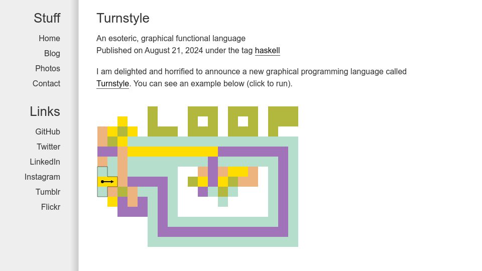 Screenshot of jaspervdj.be: Turnstyle – An esoteric, graphical functional language