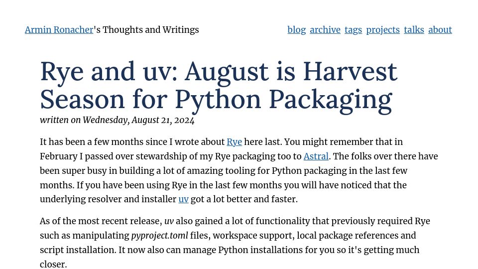 Screenshot of lucumr.pocoo.org: Rye and Uv: August Is Harvest Season for Python Packaging