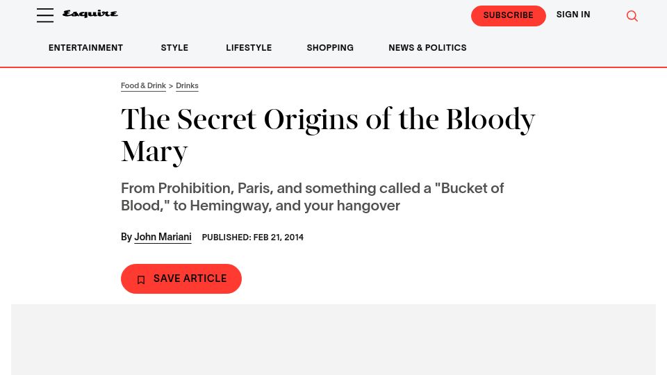Screenshot of esquire.com: The Origins of the Bloody Mary (2014)
