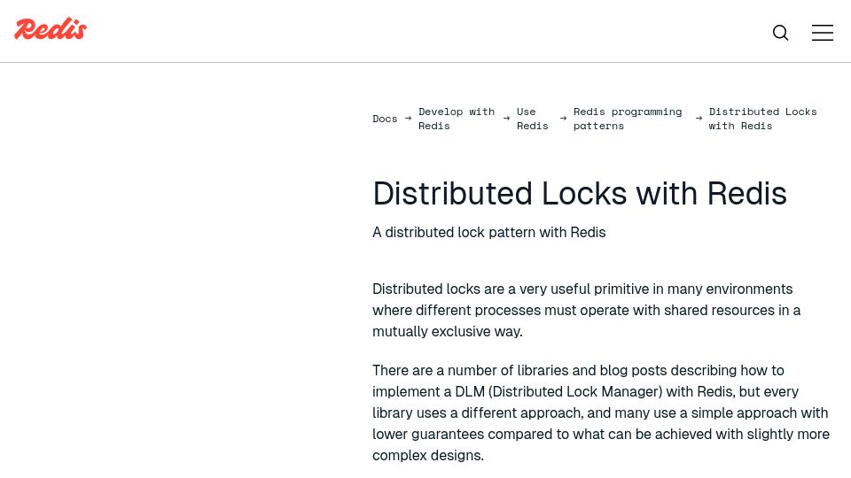 Screenshot of redis.io: Distributed Locks with Redis (2014)