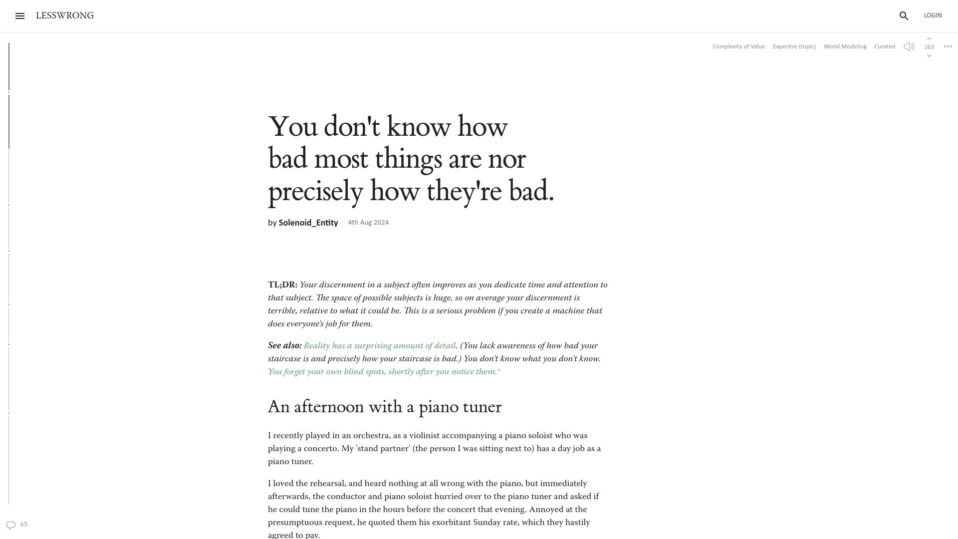 Screenshot of lesswrong.com: We don't know how bad most things are nor precisely how they're bad