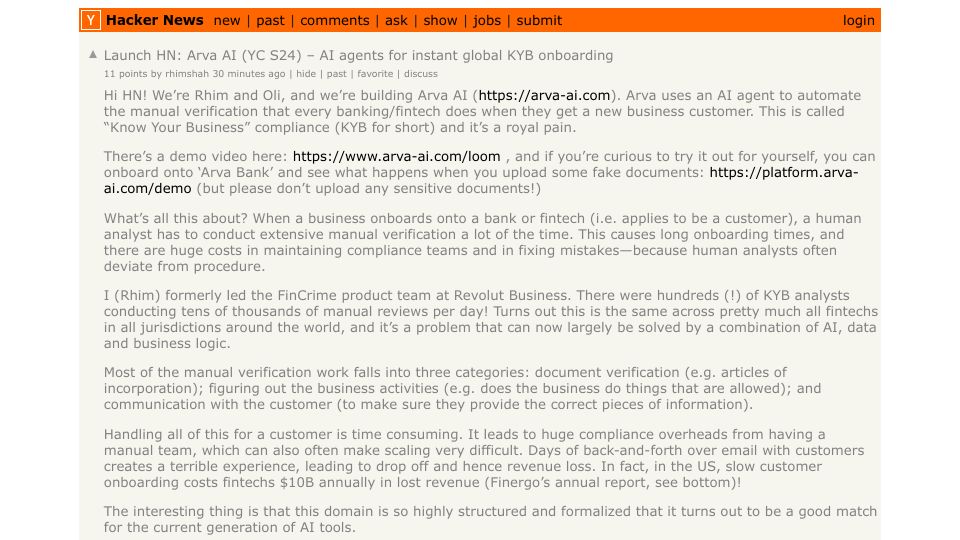 Screenshot of Hacker News post: Launch HN: Arva AI (YC S24) – AI agents for instant global KYB onboarding