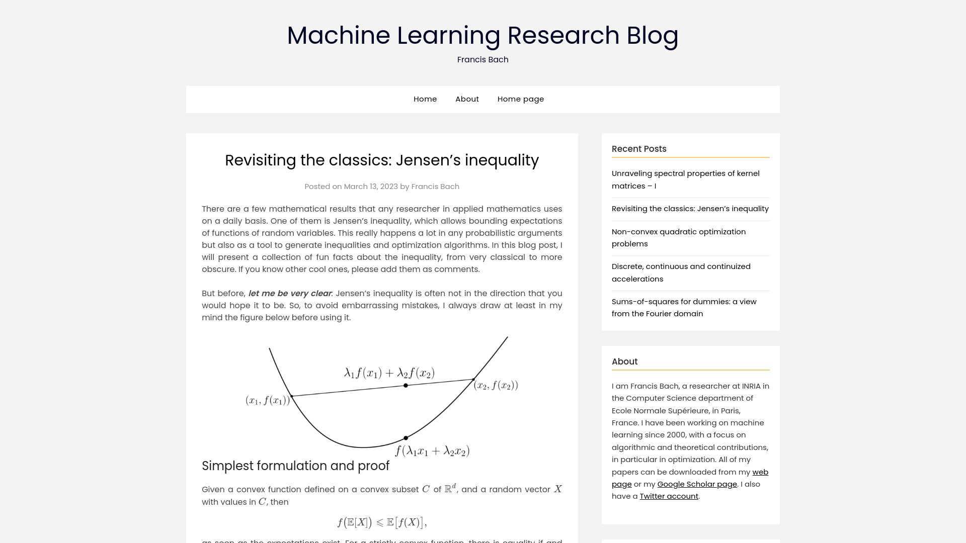 Screenshot of francisbach.com: Revisiting the Classics: Jensen's Inequality (2023)