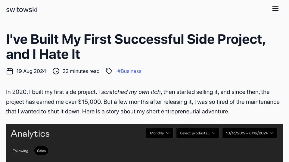 Screenshot of switowski.com: I've built my first successful side project, and I hate it
