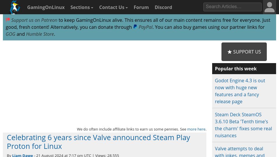 Screenshot of gamingonlinux.com: Celebrating 6 years since Valve announced Steam Play Proton for Linux