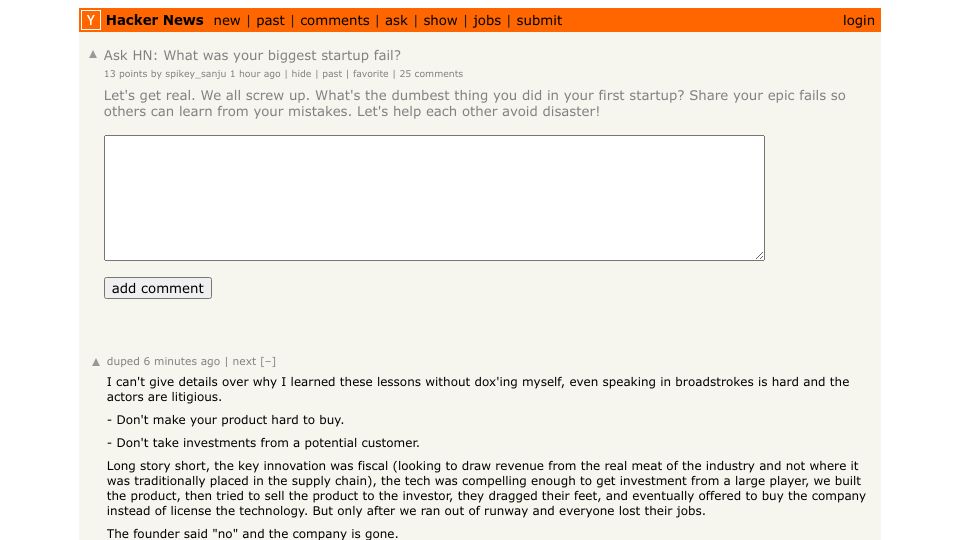 Screenshot of Hacker News post: Ask HN: What was your biggest startup fail?