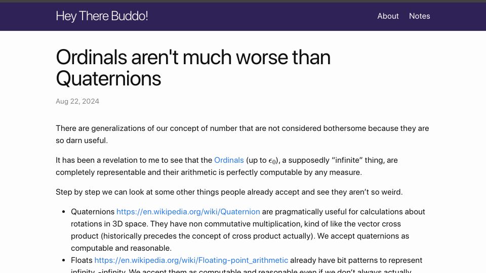 Screenshot of philipzucker.com: Ordinals aren't much worse than Quaternions