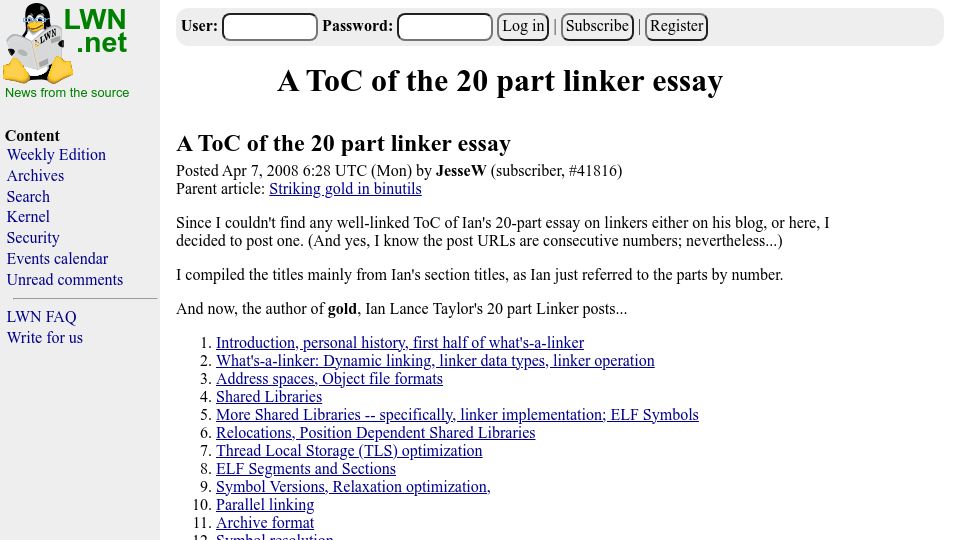 Screenshot of lwn.net: A deep dive into how linkers work (2008)
