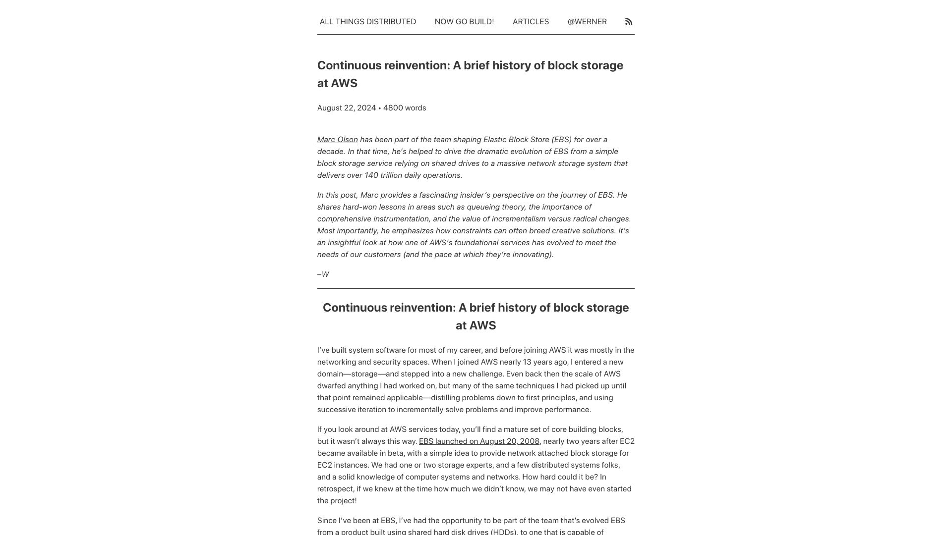 Screenshot of allthingsdistributed.com: Continuous reinvention: A brief history of block storage at AWS