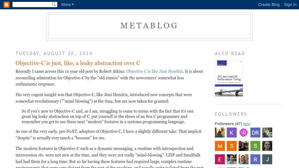 Screenshot of blog.metaobject.com: Objective-C is just, like, a leaky abstraction over C