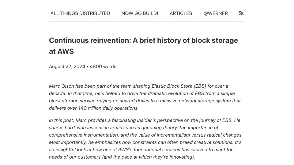 Screenshot of allthingsdistributed.com: Continuous reinvention: A brief history of block storage at AWS