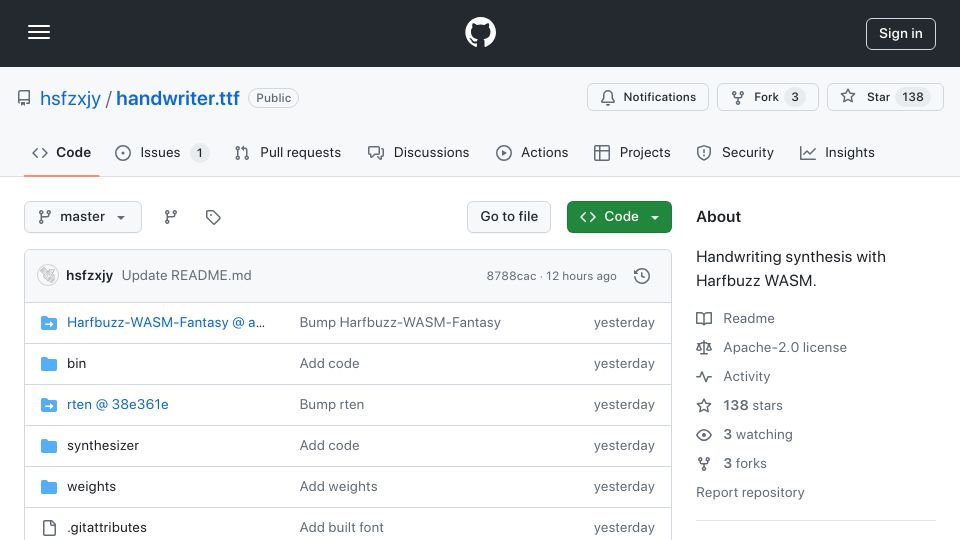 Screenshot of github.com: Show HN: Handwriter.ttf – Handwriting Synthesis with Harfbuzz WASM