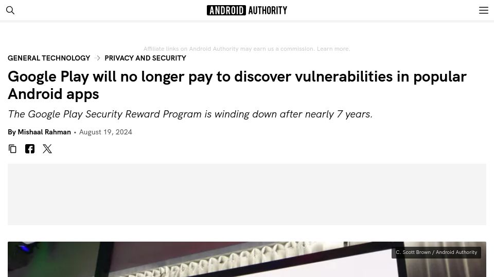Screenshot of androidauthority.com: Google Play will no longer pay to discover vulnerabilities in Android apps