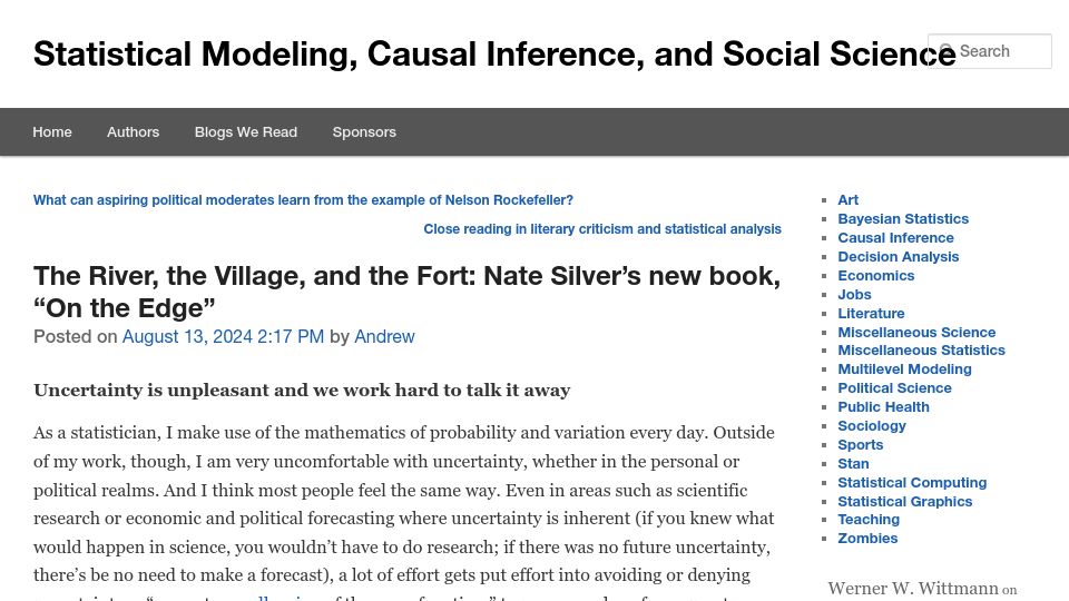 Screenshot of statmodeling.stat.columbia.edu: The River, the Village, and the Fort: Nate Silver's New Book, "On the Edge"