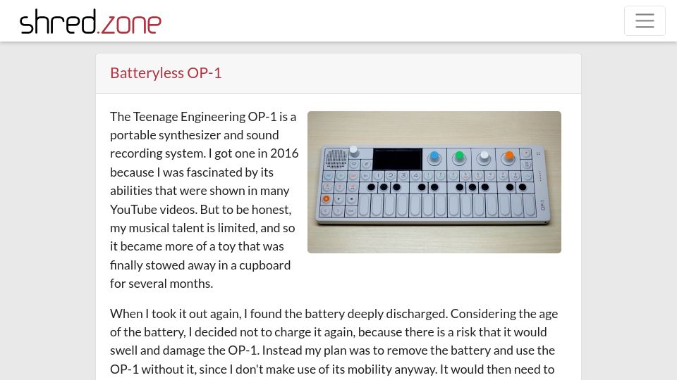 Screenshot of shred.zone: Batteryless OP-1