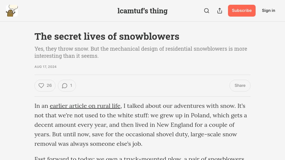 Screenshot of lcamtuf.substack.com: The secret lives of snowblowers